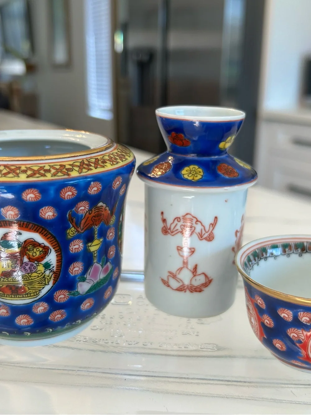 Vintage Chinese Blue and Gold Porcelain Decorative Tea Canister 3 pc